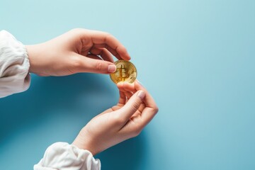Digital Exchange: Hands of Woman on Illustration of Exchanging Bitcoin, Highlighting the Innovation and Efficiency of Cryptocurrency in Modern Finance. Blue Background, Copy Space.