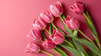 Obraz premium A stunning arrangement of pink tulip flowers sits gracefully on a pastel pink background, creating a beautiful composition perfect for occasions like Valentine's Day, Easter, or Mother's Day, with amp