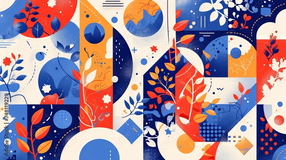 Poster bright and dynamic abstract in the neomorphism style with a variety of geometric shapes. concept: we