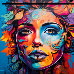 A close-up of a colorful street art mural.
