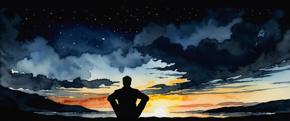Landscape with a beautiful sunset. The back of a man with his arms on his knees. Black silhouette of person. Illustration in watercolor style. 