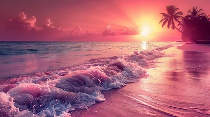Gordijnen The beauty of palm trees highlighted by purplepink rays of sunset is impressiv © JVLMediaUHD