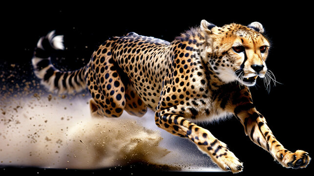 The cheetah running along the savannah at the lightning speed, demonstrating his strength and g