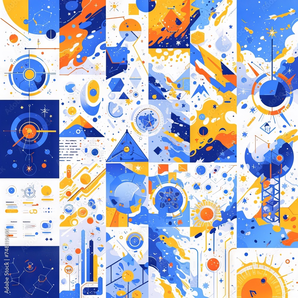 Poster bright and dynamic abstract in the neomorphism style with a variety of geometric shapes. concept: we