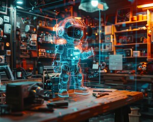 Holographic toys in an inventor's workshop, a blissful creation, echoing Bob's innovative children's toy ad