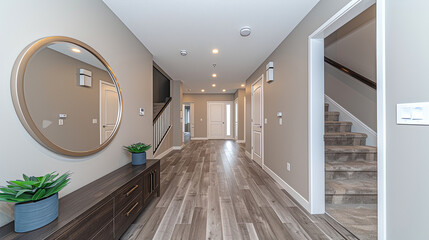 The hallway with a mirror in a golden frame and a chest of draw