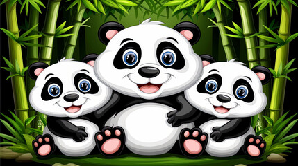 Naklejka premium The Panda Family resting in the shade of bamboo thickets, symbolizing the world and harmony of