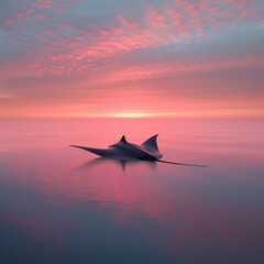 Amidst a disaster, a lone manta ray beneath a coral pink sky symbolizes hope against despair