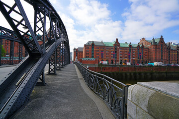 Typical view of the Speicherstadt also called Hafen City in Hamburg. Its a popular harbour quarter for tourists in Hamburg.
