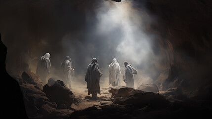Easter morning, a group of curious explorers ventures into a secluded cave, drawn by rumors of a bloodstained white shroud hidden within. timeless story of Jesus' triumph over death. - obrazy, fototapety, plakaty