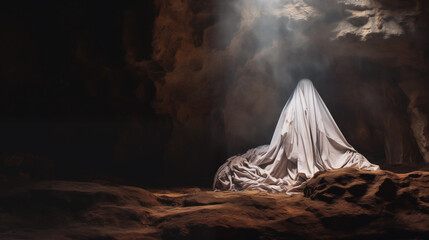 rests a bloodstained white shroud. As Easter dawns, the cave becomes a focal point of intrigue and wonder. What role does this shroud play in the miraculous events of Jesus' resurrection - obrazy, fototapety, plakaty