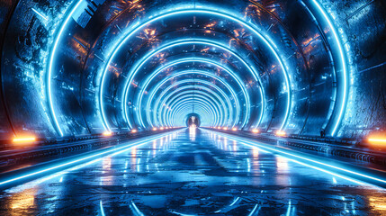 Futuristic Tunnel with Glowing Neon Lights, Abstract Space Corridor Background