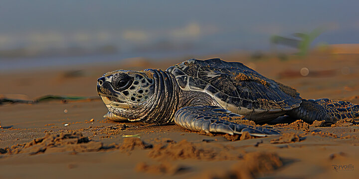 The turtle, slowly walking along the sandy shore of the sea, returning to its nest