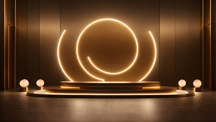gold dark podium with gentle luxurious lighting 3d shape product display presentation, minimal wall scene, studio room


