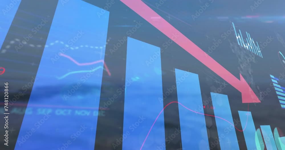 Poster animation of downward red arrow and graphs processing data over landscape