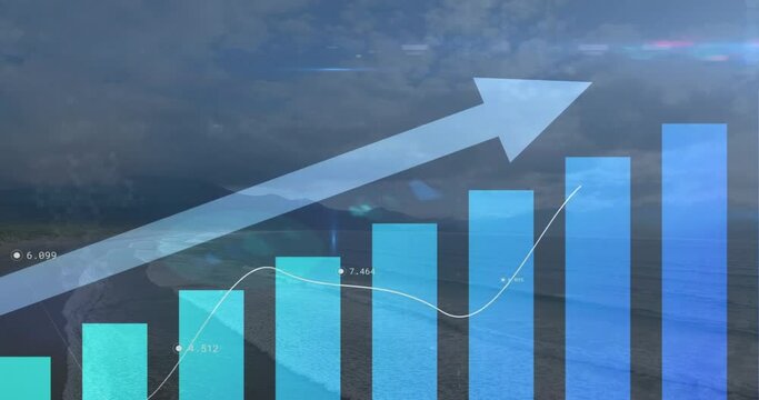 Animation of upward arrow and blue graphs processing data over sky and landscape