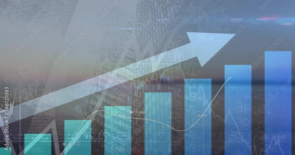 Poster animation of upward arrow and graphs processing data over sky and landscape