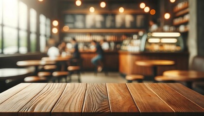 Wooden table frontal view with blurred coffe shop background - obrazy, fototapety, plakaty