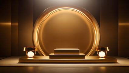 gold dark podium with gentle luxurious lighting 3d shape product display presentation, minimal wall scene, studio room

