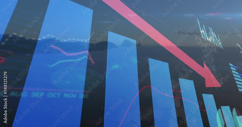 Poster animation of downward red arrow and graphs processing data over landscape