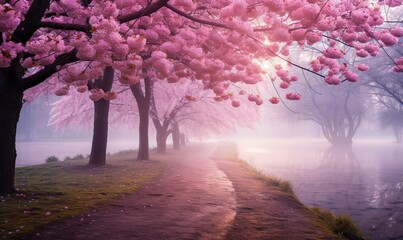 Falling petal over the romantic tunnel of pink flower trees / Romantic Blossom tree over nature...