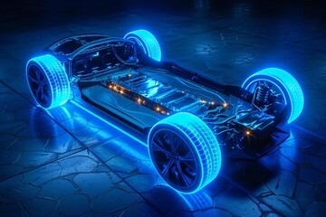 Electric car chassis enveloped in a blue technological glow a symbol of progress - obrazy, fototapety, plakaty