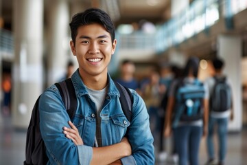 Naklejka premium Asian male student in university smiling and posing with folded arms