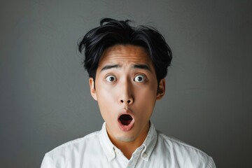 Asian man in white shirt with shocked expression against grey background