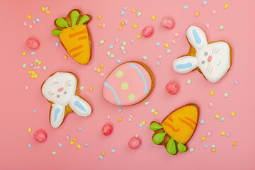 Traditional Happy Easter cookies, festive edible decor. Homemade baking concept, cute sweets