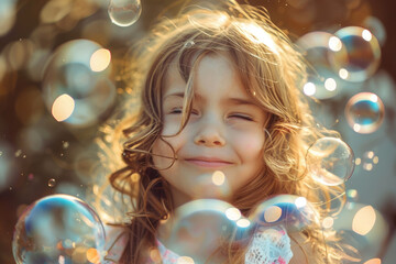 Fototapeta na wymiar Happy little girl and soap bubble in heart shaped