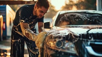Uniformed male worker washing a car at a car wash with foam soap and sponge - obrazy, fototapety, plakaty
