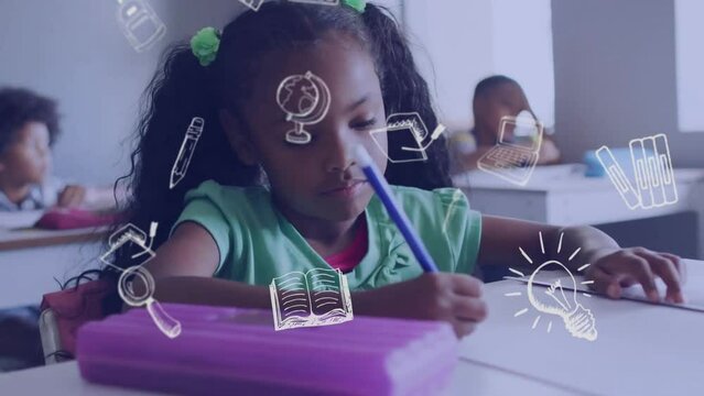 Animation of school items icons over focused diverse students in classroom