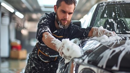 Uniformed male worker washing a car at a car wash with foam soap and sponge - obrazy, fototapety, plakaty