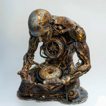Anatomical Art: A Detailed Metal Sculpture of a Human Skeleton with a Heart