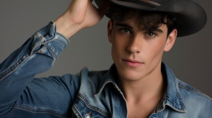 Attractive cowboy Young man adjusts hat gazes at camera against grey backdrop