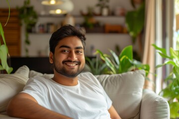 Attractive Indian man sitting on couch indoors smiling and embracing a casual home life
