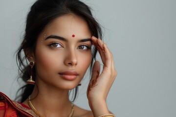 Fototapeta premium Attractive Indian girl portraying beauty and health through flawless skin and makeup Studio portrait with copy space and a hand gesture