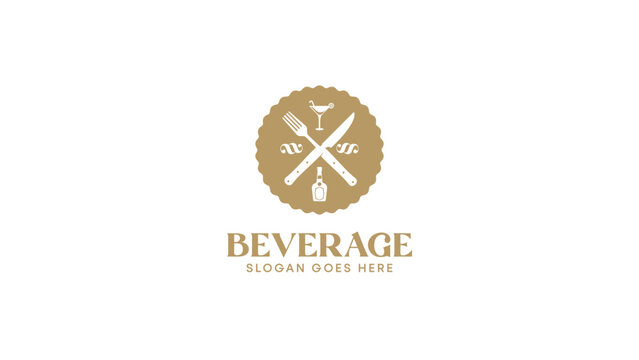 Vintage vector illustration emblem logo for a restaurant or beverage, featuring drink and menu icons, radiating sophistication in gold hues against a pristine white background.