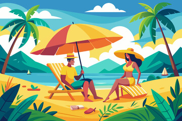 Fototapeta na wymiar Beach summer couple on island vacation holiday relax in the sun on their deck chairs under a yellow umbrella. Idyllic travel background. 