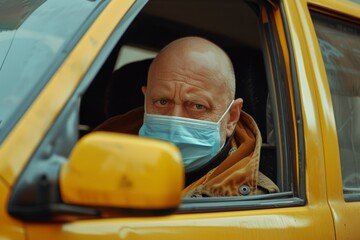 Bald taxi driver in yellow car wearing a medical face mask acknowledges camera symbolizing...