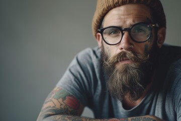 Bearded hipster with arm tattoos depicted in portrait - obrazy, fototapety, plakaty