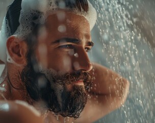 Bearded man using male shampoo in shower concept of men s beauty routine and hygiene