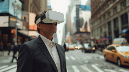 Senior businessman wearing a virtual reality headset walking on city street surrounded by financial buildings and cars.