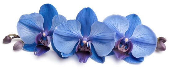 Three vibrant blue orchids stand out against a clean white background. The delicate petals of the orchids create a striking contrast, drawing attention to their unique beauty.