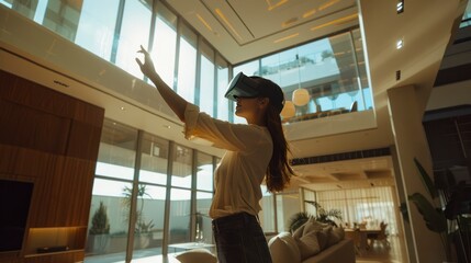 Fototapeta premium Young woman wearing virtual reality headsets and trying to touch something in bright and modern living room. Modern technology concept.