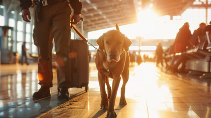 Security officer with police dog at airport. Police dog. Sniffer Dog. Generative AI - obrazy, fototapety, plakaty