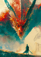 Fiery Red Dragon Illustration, Mythical Creature Art created with Generative AI technology