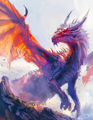 Fiery Red Dragon Illustration, Mythical Creature Art created with Generative AI technology