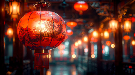 Obraz na płótnie Canvas Enchanting Red Lantern Illuminating a Misty Traditional Asian Street created with Generative AI technology.