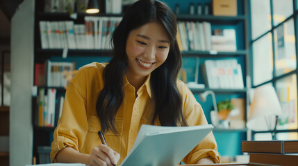 Mulher japonesa feliz usando camiseta amarela sorrindo dentro do escritorio